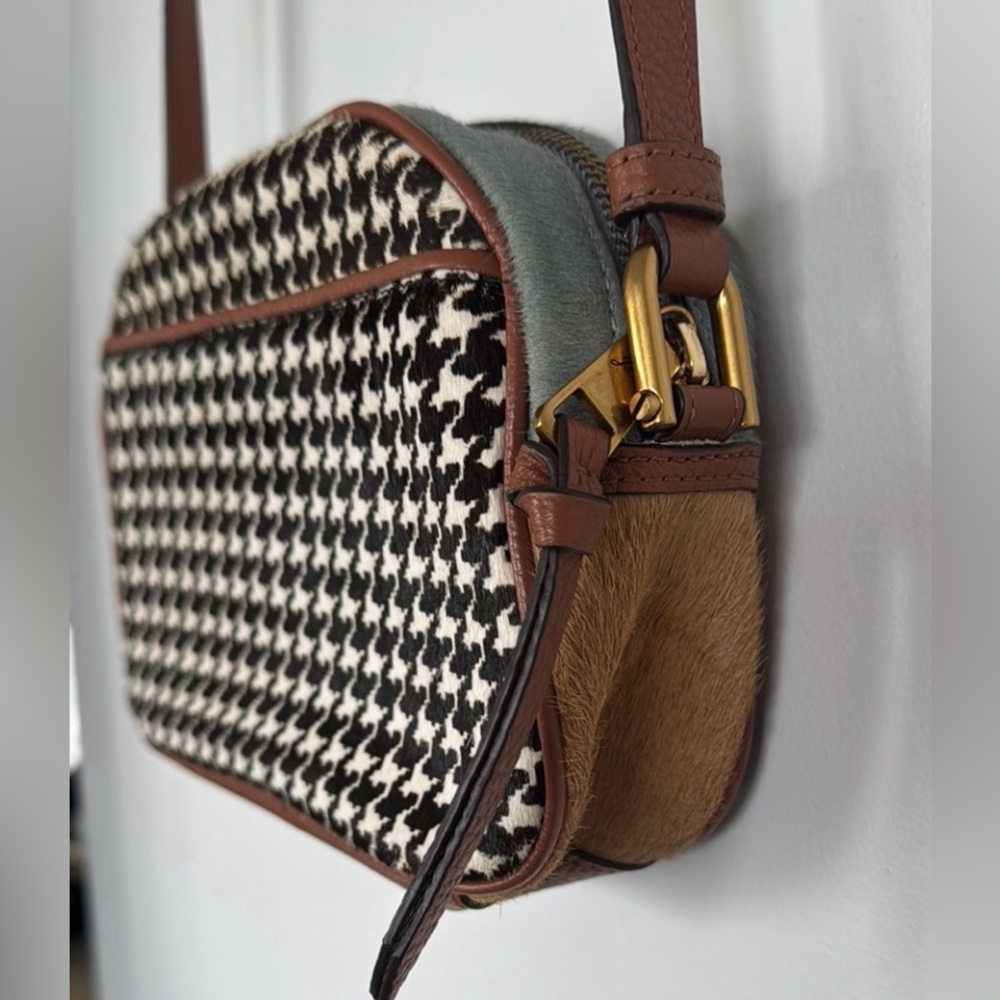 J Crew Devon Houndstooth Calf Hair Pebbled Leather Crossbody Camera Bag Like New - Picture 3 of 11